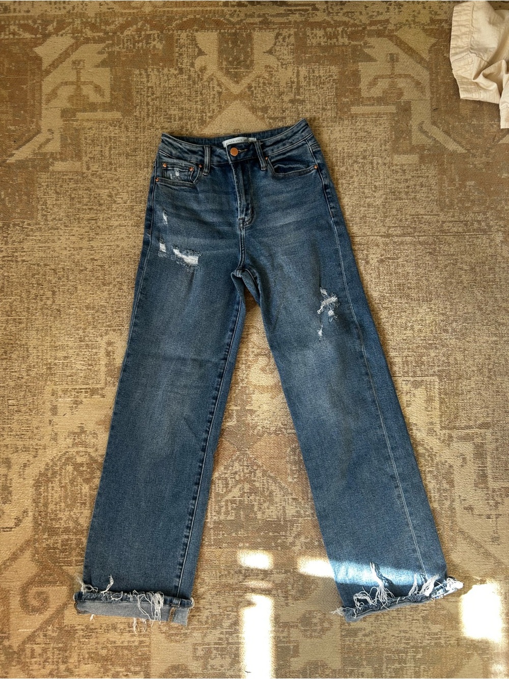 Altar'd State Distressed Straight-Leg Jeans in Dark Blue Wash